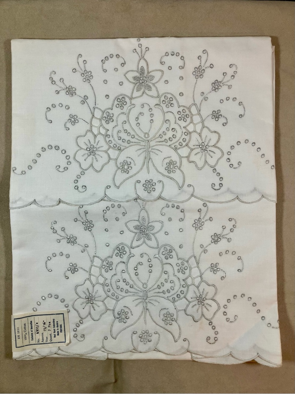 Vtg Cotton Madeira, Portugal Hand-Embroidered Pillowcases/NWT- Set of 2 WHITE